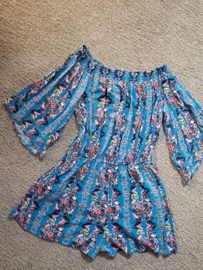 Xhilaration Teal Floral Smocked Neck Blouse